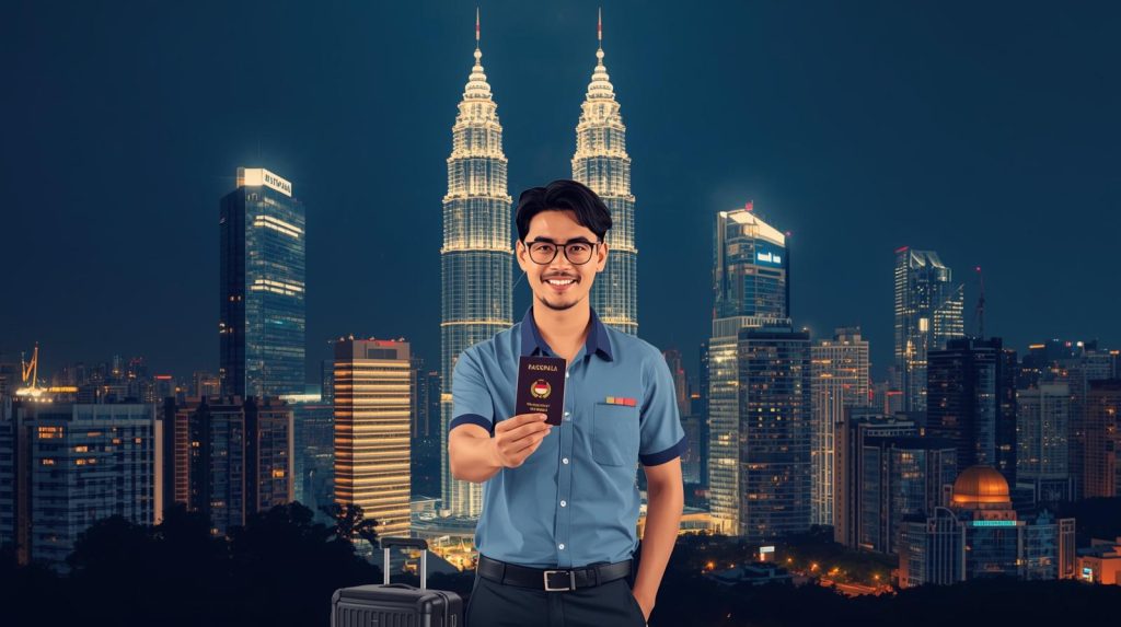 Pekerja Indonesia dengan visa kerja resmi di Malaysia berdiri di depan Menara Kembar Petronas Kuala Lumpur.