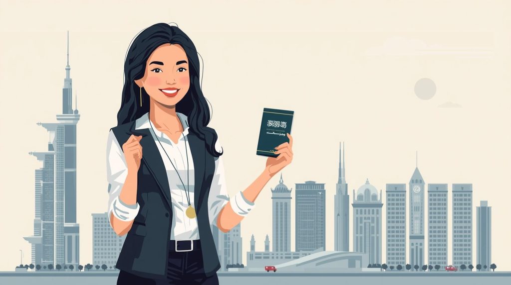 Pekerja Indonesia dengan visa kerja resmi di Saudi Arabia berdiri di depan gedung pencakar langit Riyadh.