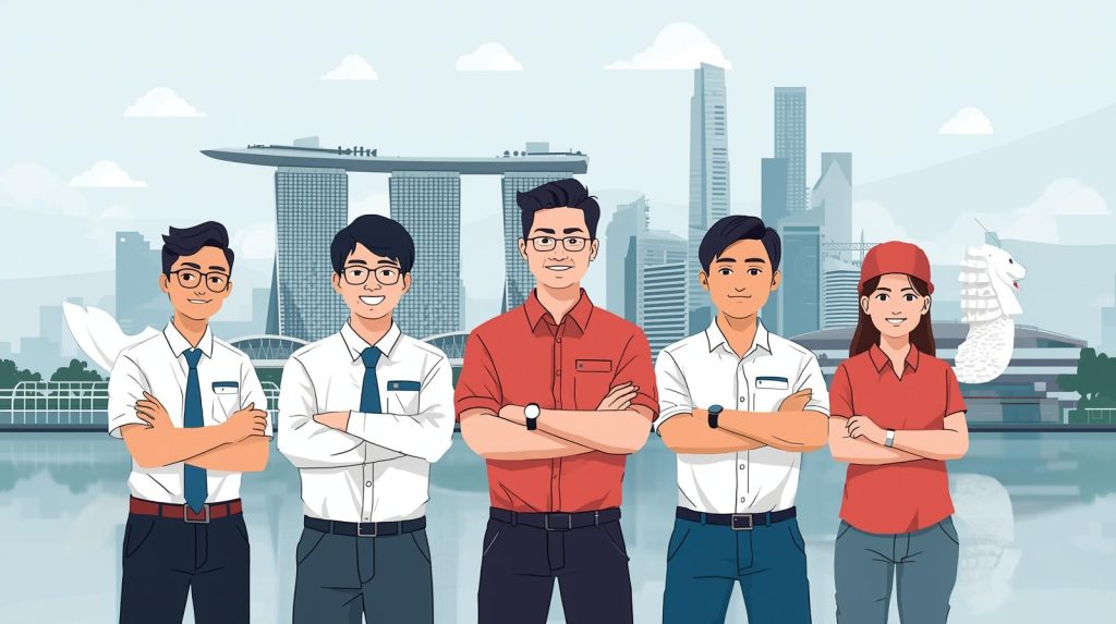 Pekerja Indonesia dengan visa kerja resmi di Singapura berdiri di depan Marina Bay Sands dan Merlion