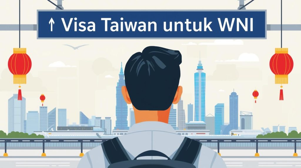 Indonesian traveler showing passport with Taiwan visa at Taipei airport with Taipei 101 in background