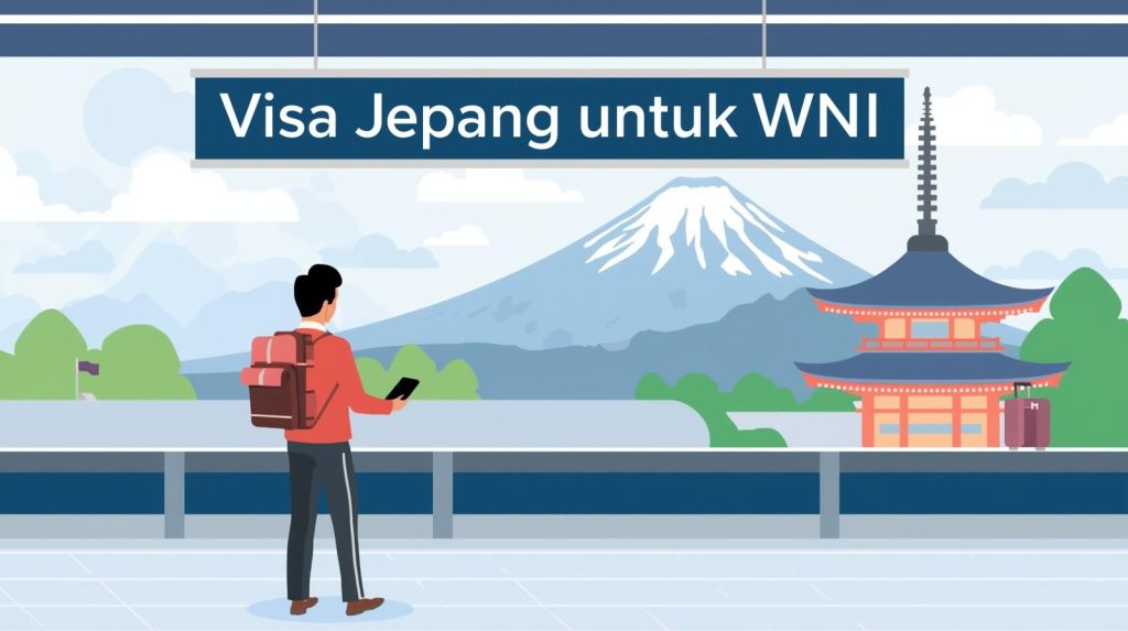 Indonesian traveler showing passport with Japan visa at Tokyo airport with Mount Fuji in background