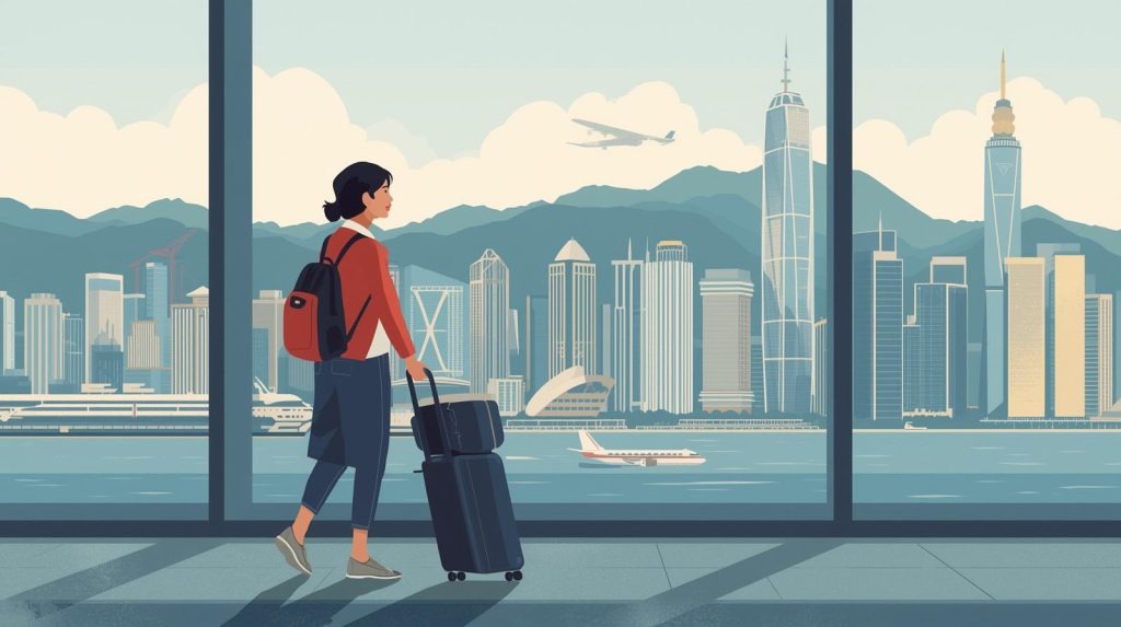 Pekerja rumah tangga Indonesia dengan visa resmi tiba di Hong Kong dengan latar Victoria Harbour